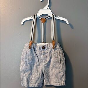 Primark Light Blue Linen-Blend Shorts with Navy-Trim Striped Suspenders